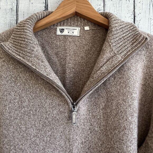 Warren & Parker Mens 1/4 Zip Sweater Size XXL Lambswool Nylon Elbow Patches Tan - Picture 3 of 12